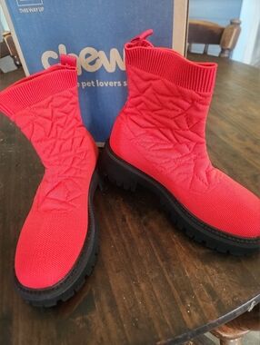 Womans Bright Red Knit Low Top Sock Boots with Chunky Black Sole